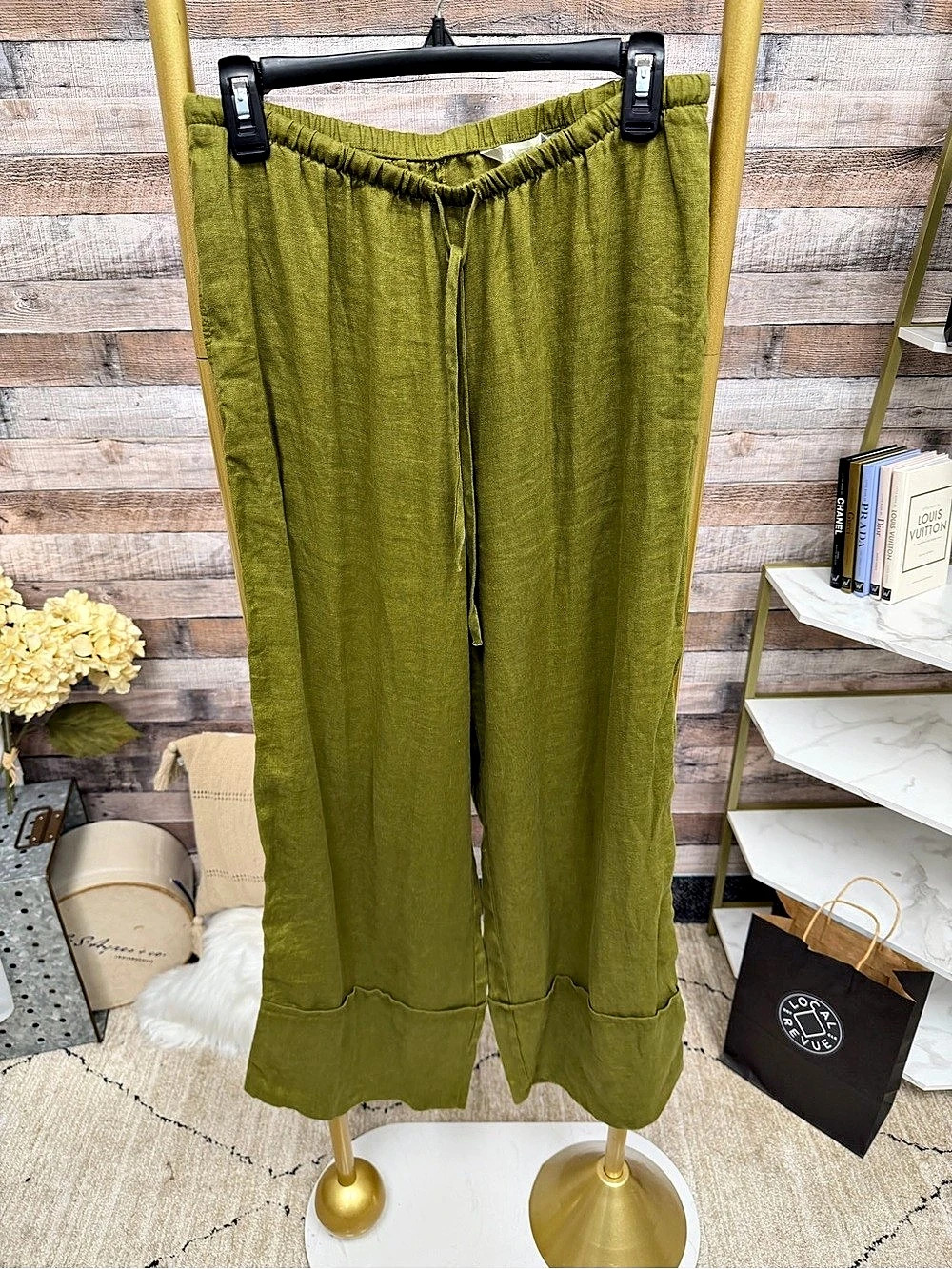 Zara Linen Blend Green Wide Leg Drawstring Waist Pant
